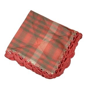 Vintage Pink Plaid Handmade Crochet Trim Napkin Doily Table Decor